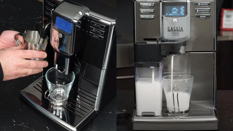 the anima prestige (right) uses an automatic frothing system instead of a steam wand